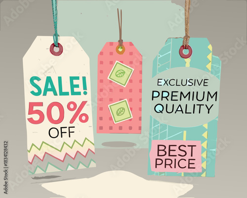Three hanging tags advertising sale premium quality and best price