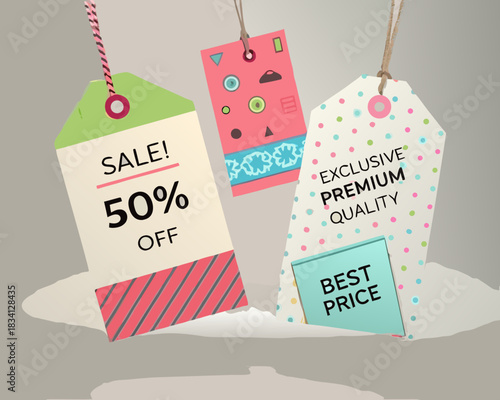 Sale tags with fifty percent off and exclusive premium quality offers