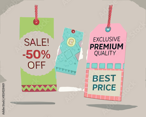 Sale and premium quality tags with discounts and best price offers