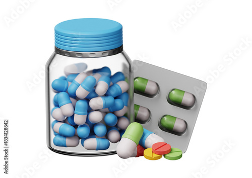 Pill bottle with blue and green capsule medication and blister pack isolated on transparent background