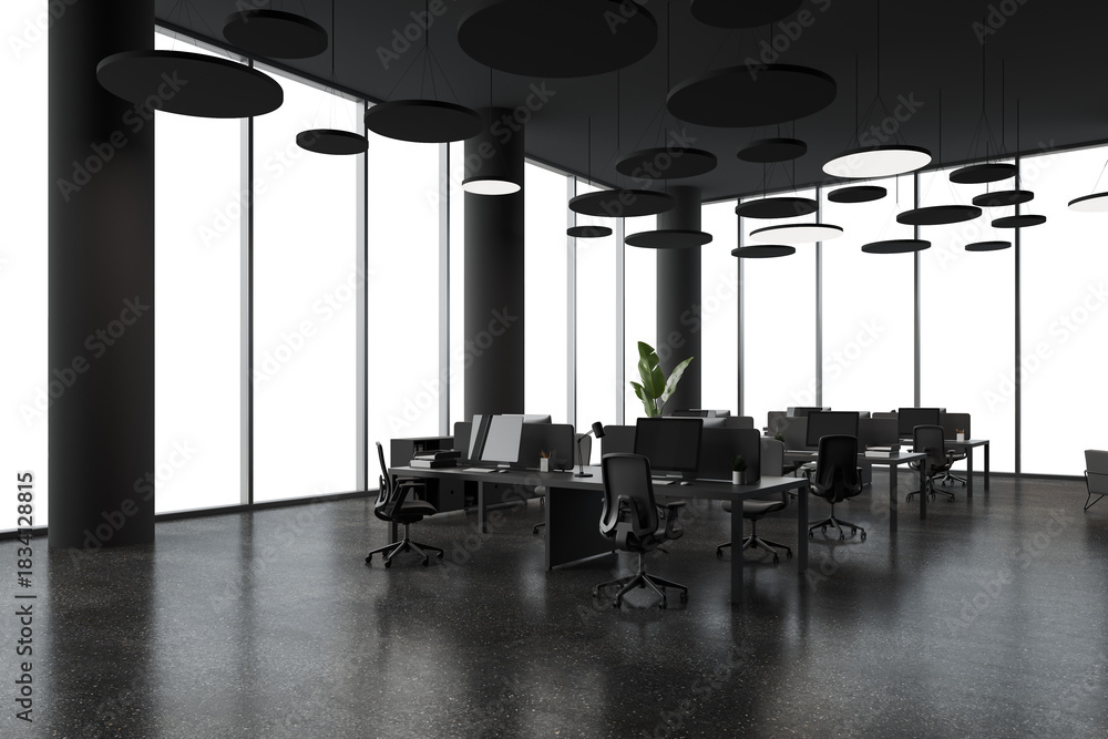 Fototapeta premium Contemporary office interior withdesks, chairs, circular ceiling lights and large transparent windows on white background, concept of empty workspace, 3D Rendering