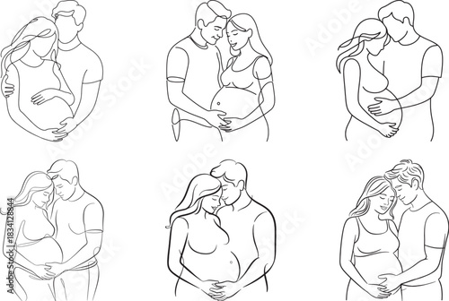 Line drawing, pregnant couple line art , Husband Hugging His Pregnant Wife line art style collection, line vector art.