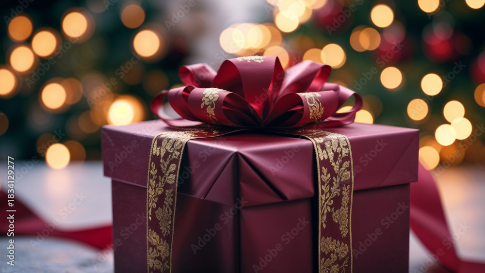 Fototapeta premium Elegant Christmas Gift Box with Red Ribbon and Golden Decorations