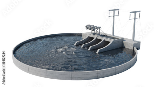 3D render of a circular water treatment or purification plant with aeration, concrete structures, and power transmission lines. background removed