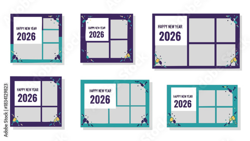Collection of Happy New Year 2026 photo collage templates with festive decorations.