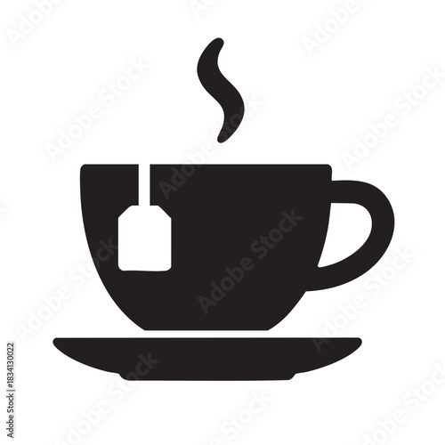 Cup of hot tea with teabag black silhouette with steam isolated on white background