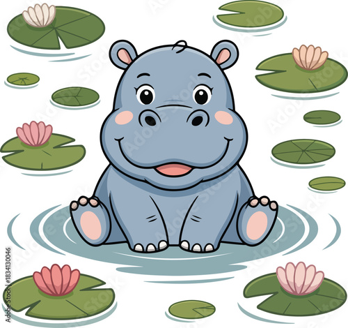 Cute baby hippo vector illustration sitting in calm water surrounded by green lily pads and pink water lilies.