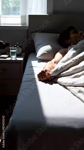 Close-up of man's hand gripping sheet in bed with strong morning sunlight, concept of reluctant wake-up, insomnia or start of a new day vertical.