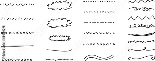 Hand drawn doodle brush lines vector image pack. Line Pencil crayon arrows, cross sign, text quote frames, stars, check, mark icons set emphasis elements infographic. Hand drawn scribble decoration.