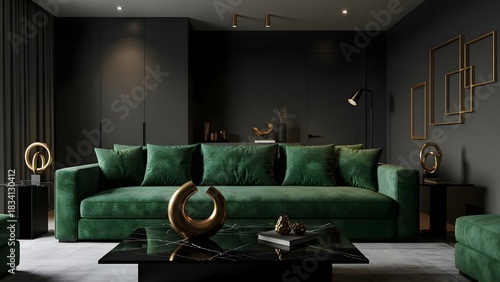 modern living room with green sofa