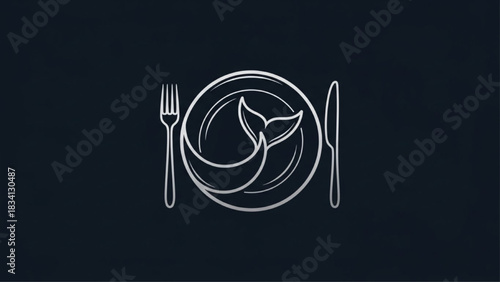 Luxury silver line art of whale tail on a dinner plate