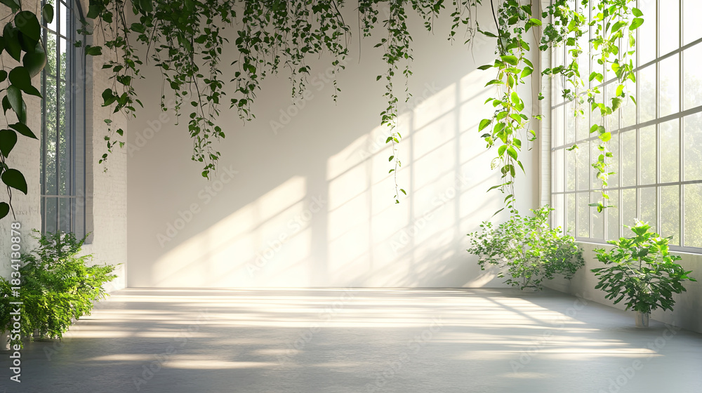 Fototapeta premium Sunlit indoor space with hanging green plants and large windows casting shadows on white walls