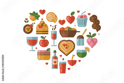 Heart-shaped collage of delicious food and drinks symbolizing love and celebration