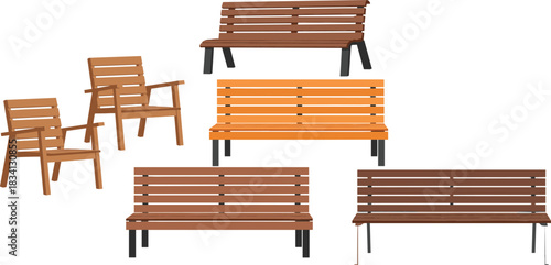 Wooden outdoor benches and chairs vector illustration set featuring park seating furniture in various designs and styles