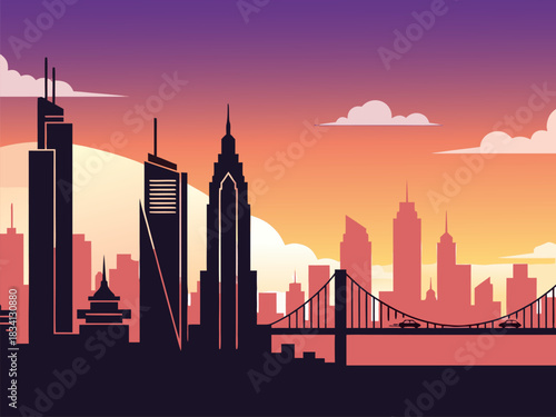 Vector illustration of a modern city skyline with tall skyscrapers and a bridge at sunset, a graphic design background concept