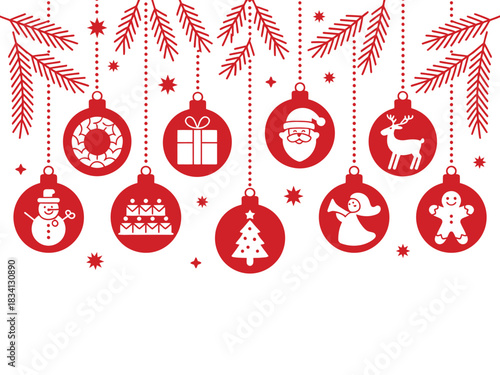 Festive red Christmas ornaments with classic holiday icons hang against a clean white background.