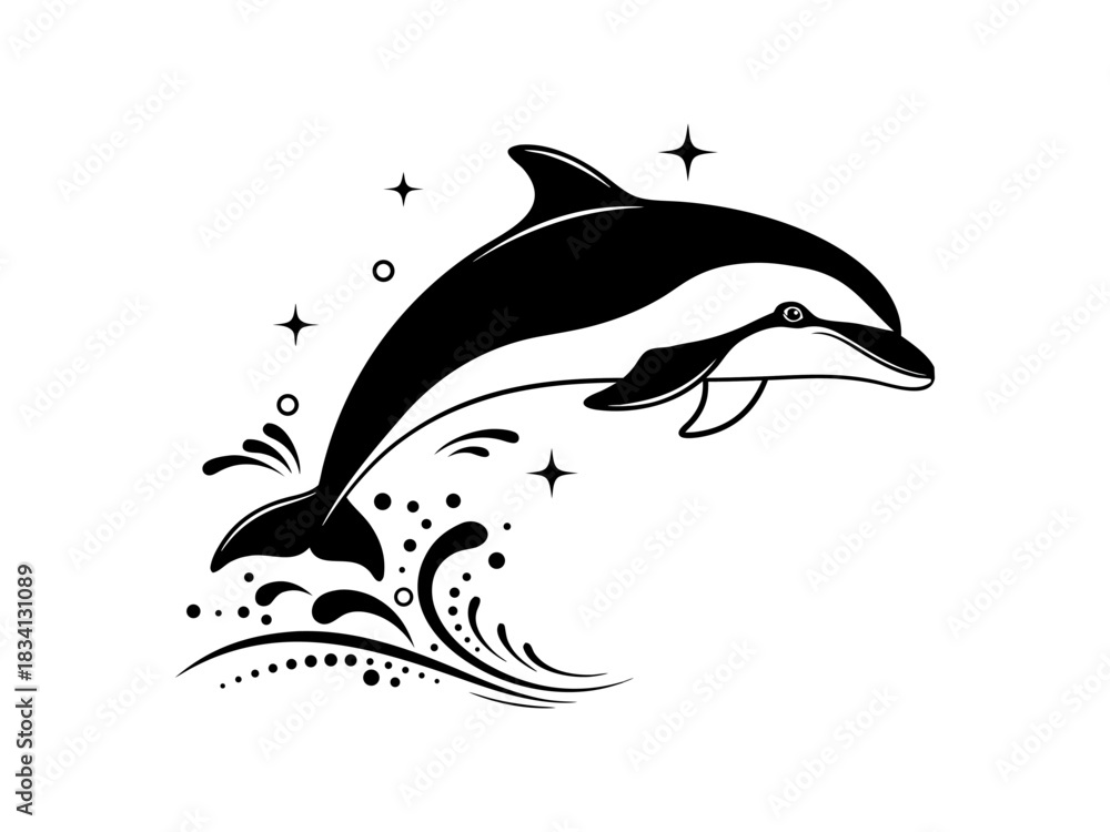 Obraz premium Elegant black and white dolphin jumping out of the water with splashes and stars, a beautiful graphic vector illustration for logos and emblems