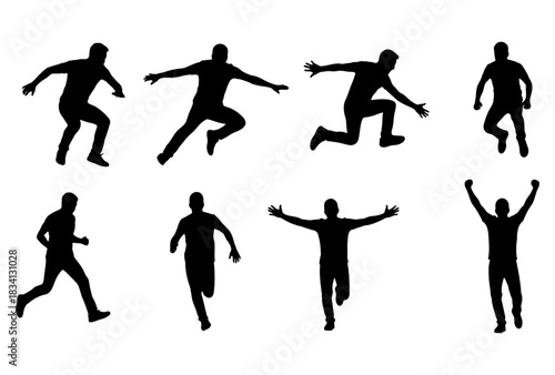 Set of male silhouettes in various action poses, a vector collection of men running, jumping, leaping, and celebrating with arms raised