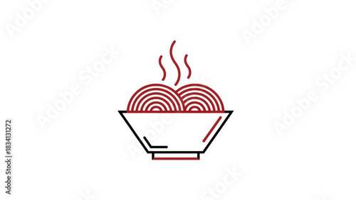 Minimalist red and black line art of a hot noodle bowl