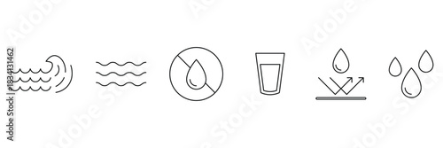 Water line icon set. Drinking water black line icons. Water drops, save, glass, puddle, cycle, wave, and others icons. Vector illustration.