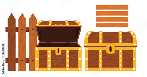 Wooden treasure chest vector set with open and closed boxes fence and planks isolated