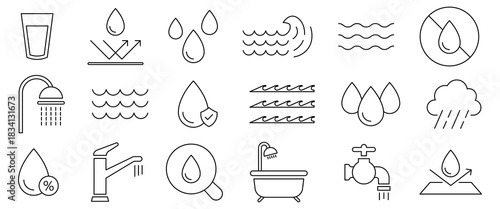 Water line icon set. Drinking water line icon set. Water drops, faucet, rain drops, glass, puddle, washing, shower, wave, and others icons. Vector illustration.