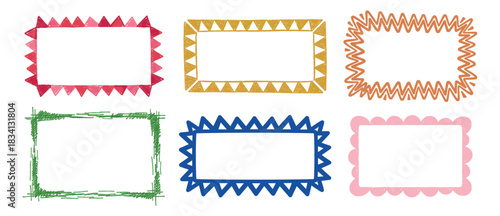 Set of colorful doodle frames with triangular, wavy, and scalloped edges