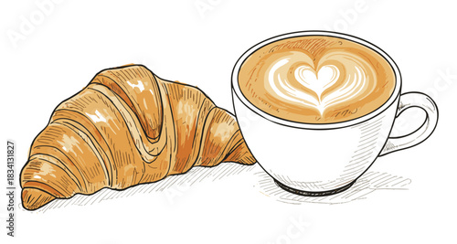 Illustrated latte with heart-shaped foam and a golden croissant