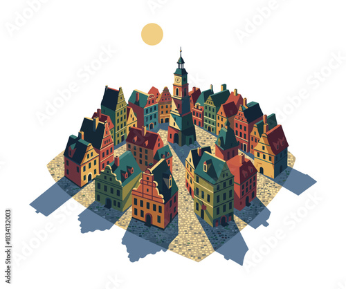 Illustration of a colorful European-style old town with cobblestone streets