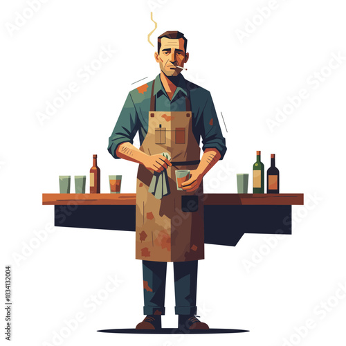 Tired bartender with cigarette cleaning glass behind bar counter