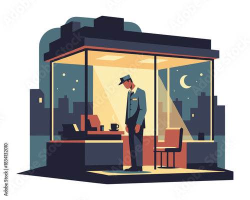 Lonely security guard on night shift in illuminated booth with city skyline