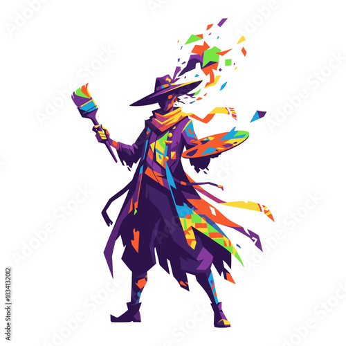 Colorful flat illustration of a magical painter wizard with brush and palette
