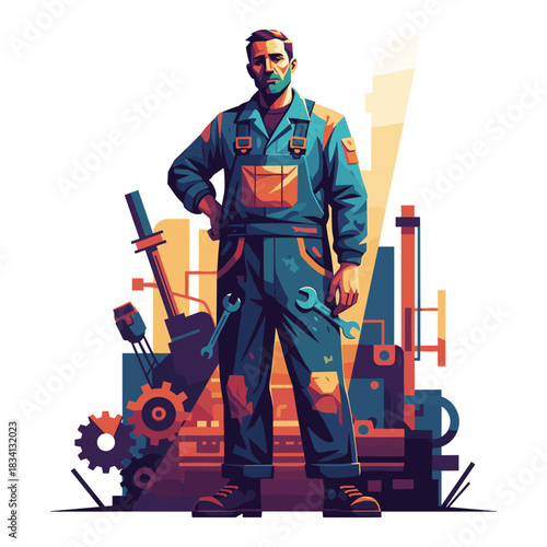 Confident mechanic in overalls holding wrench beside industrial machinery