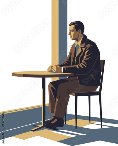 Man in suit sitting alone at a cafe table, looking thoughtful