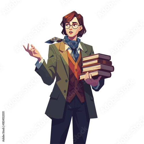 Intellectual woman in glasses and coat carrying a stack of books