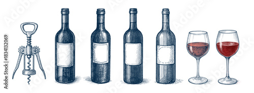 Hand-drawn sketch of wine bottle, glass, and corkscrew with red wine