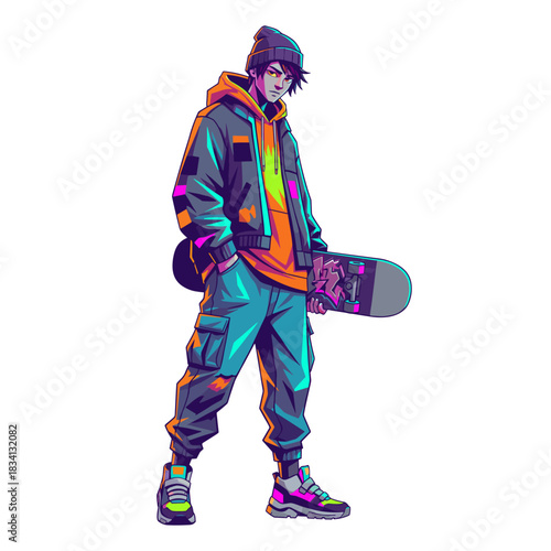 Neon streetwear character holding a skateboard in vibrant cyberpunk style