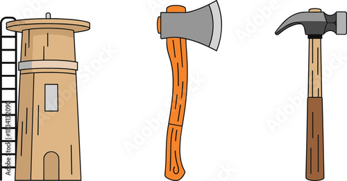 Woodworking tools and wooden watchtower vector illustration set featuring axe hammer and rustic construction elements
