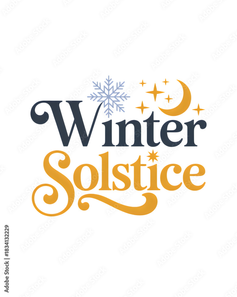 Fototapeta premium Winter solstice typography design with snowflake moon and stars on black