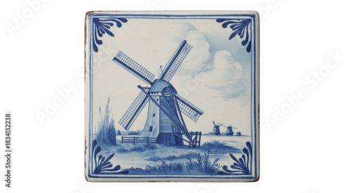 A traditional blue and white Delftware tile featuring a Dutch landscape with a prominent windmill and two distant ones under cloudy skies. background removed