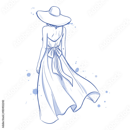 Blue line art illustration of a woman in a flowing dress and wide-brimmed hat