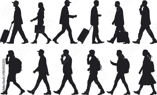 A set of twelve black silhouettes of people walking with luggage
