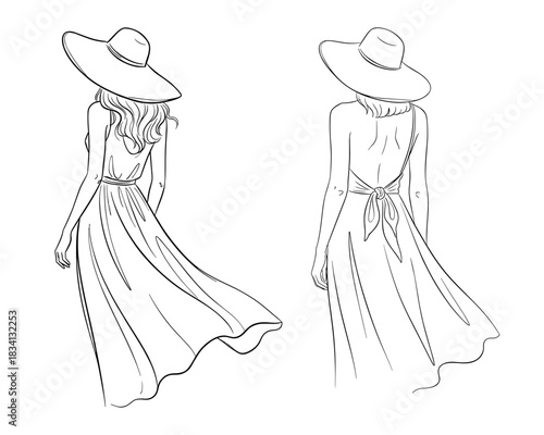 Line art illustrations of a woman in a flowing dress and wide-brimmed hat from different angles