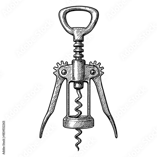 Black and white line art drawing of a winged corkscrew wine opener