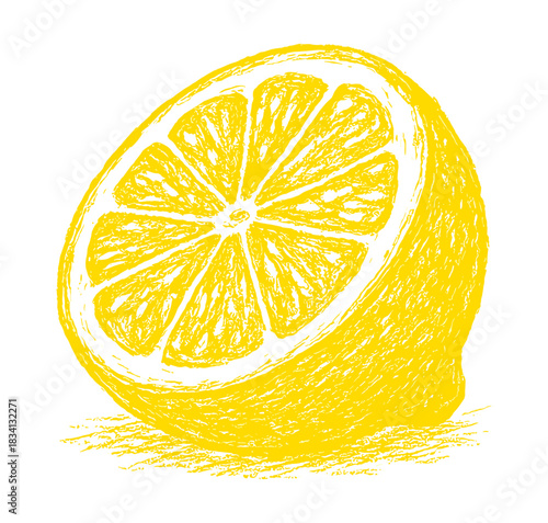 Yellow hand-drawn illustration of a lemon slice with textured details
