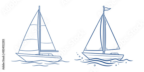 Set of blue line art illustrations of sailboats on the water
