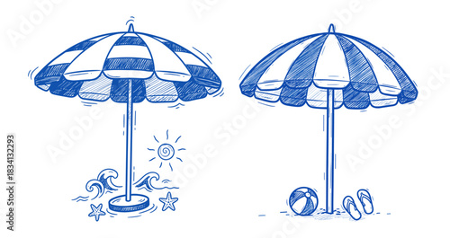 Set of blue line art beach umbrellas with summer accessories like flip flops and a beach ball