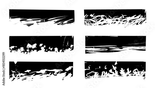 Set of six unique grunge textured edges. Black and white brush stroke elements, great for adding a rough and artistic border to your designs.