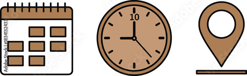Calendar clock and location pin icons vector illustration representing schedule time management and geographic positioning concepts