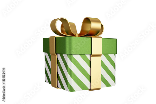 Green gift box with gold ribbon isolated on white